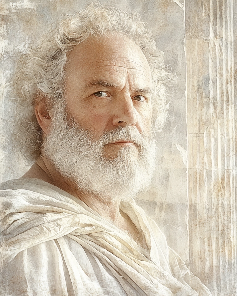 Stylized depiction of Musonius Rufus, a Stoic philosopher and teacher, known for his practical teachings on ethics, virtue, and the art of living. His legacy emphasizes cardinal virtues like justice and prudence and inspires with quotes on self-control and moral strength.