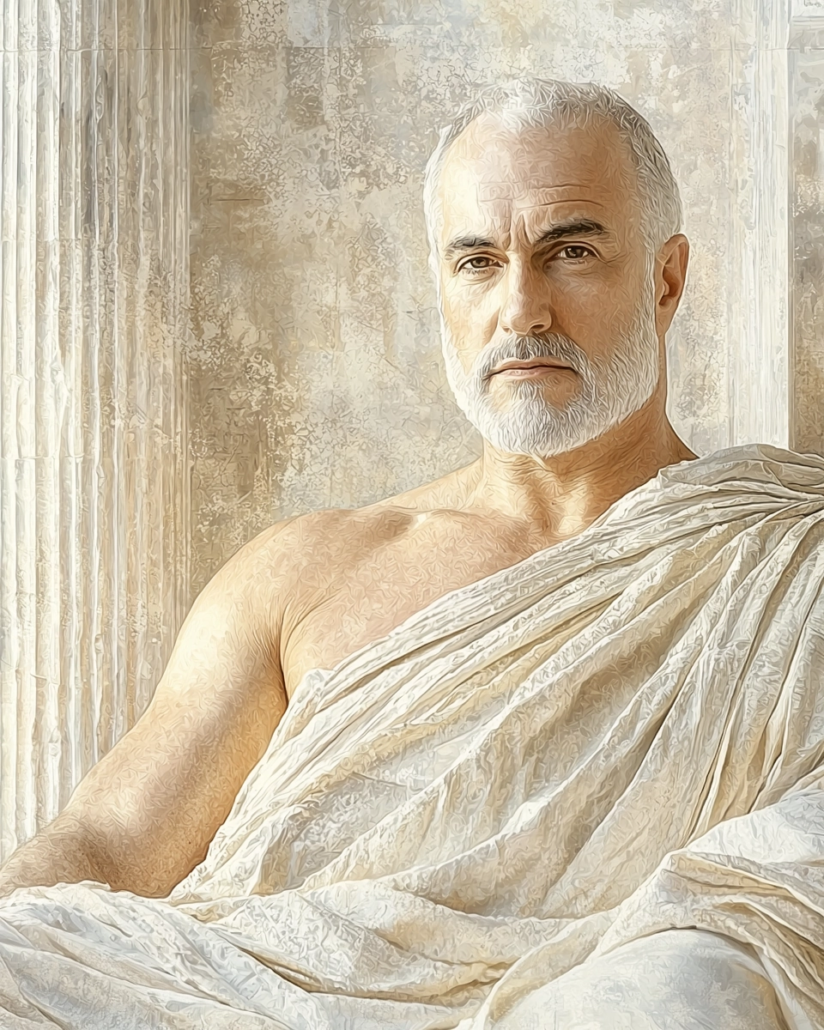 Stilisierte Darstellung von Posidonius, ein stoischer Philosoph, Wissenschaftler und Historiker, bekannt für seine interdisziplinären Beiträge zu Ethik, Psychologie und Naturwissenschaft. Sein Vermächtnis betont Kardinaltugenden wie Weisheit und Besonnenheit und inspiriert mit Zitaten, die Philosophie und Wissenschaft verbinden.