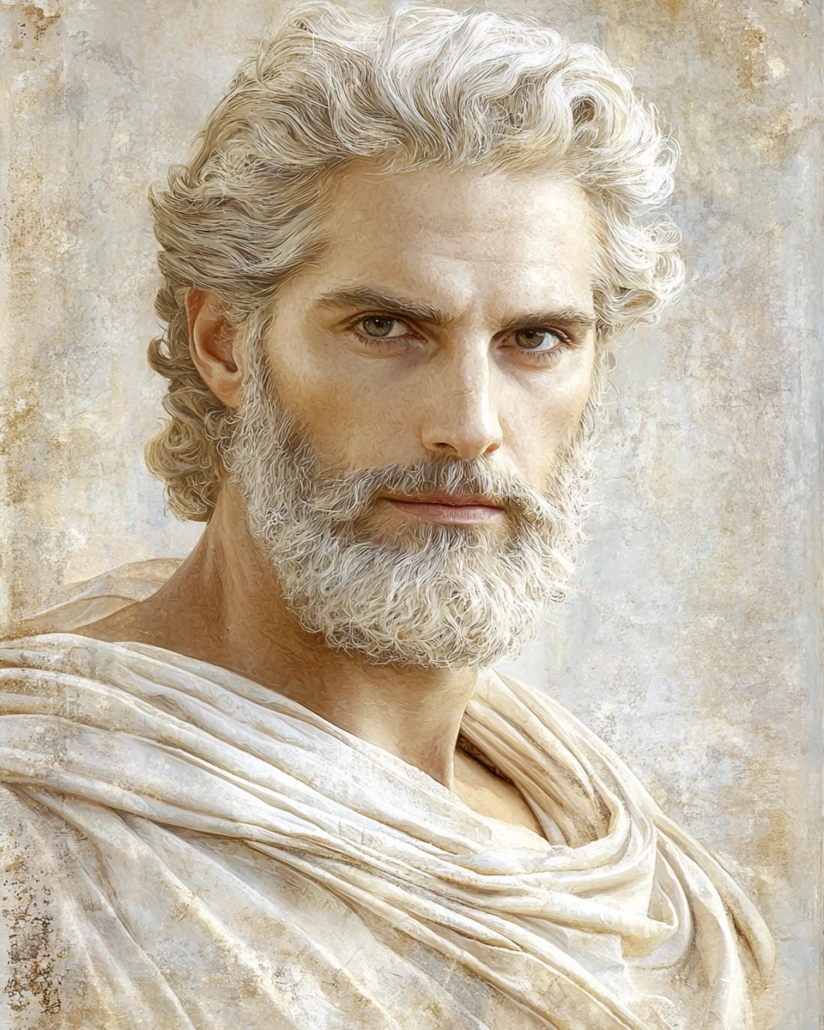 Stylized depiction of Proclus Mallotes, a Stoic philosopher known for his teachings on ethics and his rhetorical skills. His legacy emphasizes cardinal virtues like wisdom and justice and inspires with quotes on moral leadership and the role of communication in philosophy.