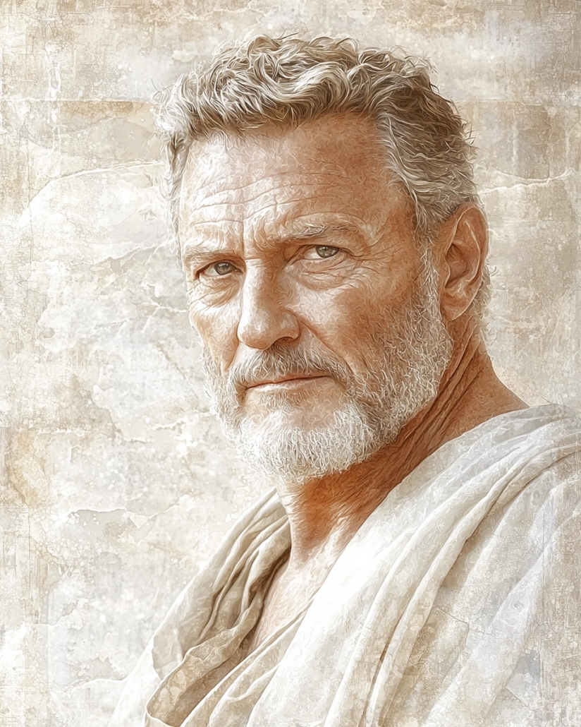 Stylized depiction of Quintus Junius Rusticus, a Roman Stoic and teacher of Marcus Aurelius, known for instilling Stoic values such as self-control and wisdom. His legacy emphasizes cardinal virtues like reason and justice and inspires with quotes on the philosophy of leadership.