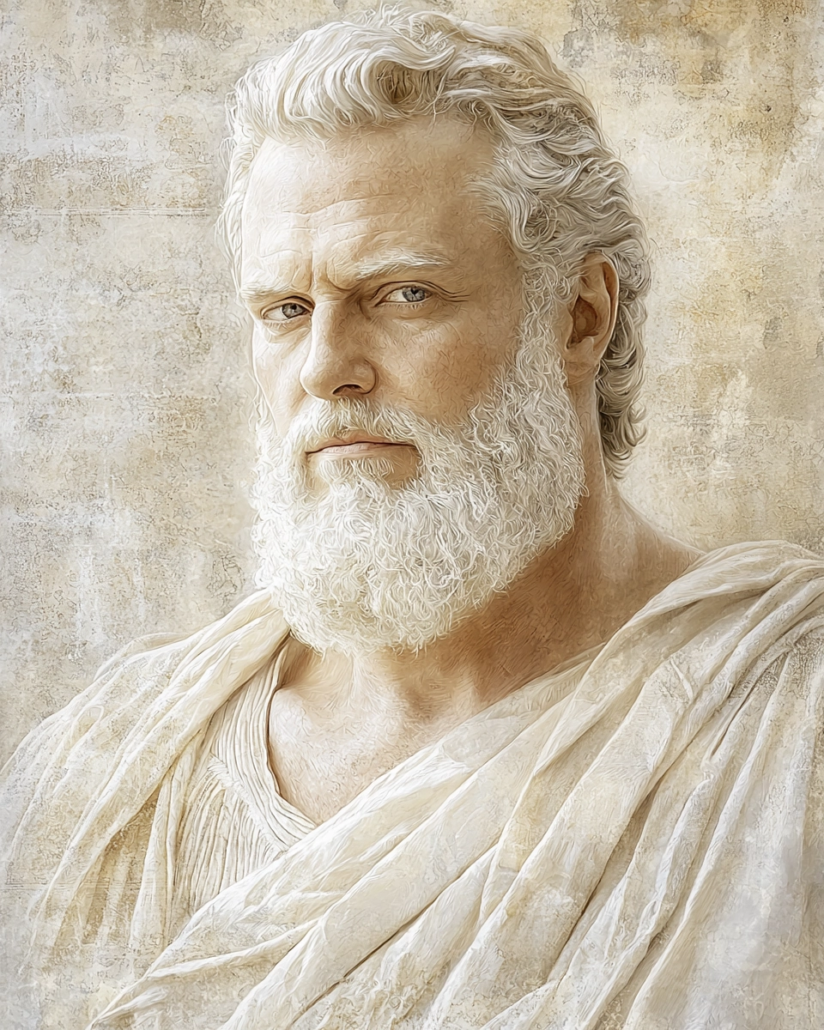 Stilisierte Darstellung von Quintus Lucilius Balbus, ein stoischer Philosoph, bekannt für seine Lehren über Theologie und Natur innerhalb der Stoa. Sein Vermächtnis betont Kardinaltugenden wie Weisheit und Besonnenheit und inspiriert mit Zitaten über die Harmonie des Universums und die Rolle der Vernunft in der Natur.