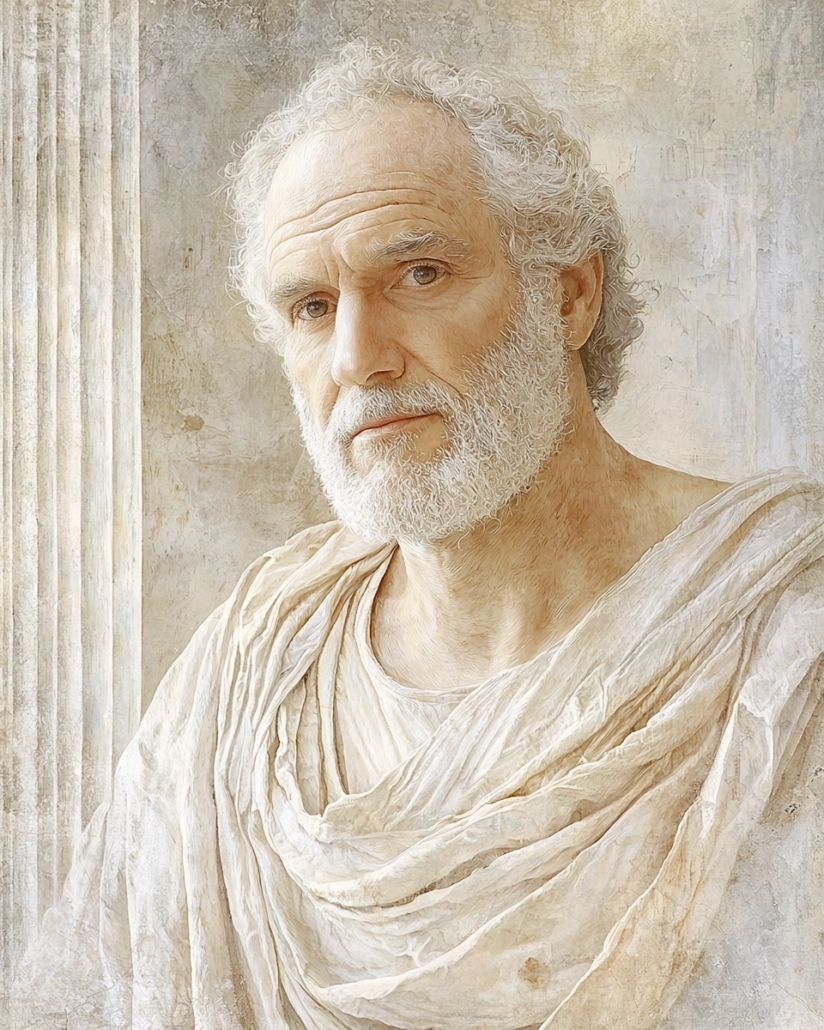 Stilisierte Darstellung von Seneca, ein römischer Philosoph, Dramatiker und Berater, bekannt für seine wichtigen Lehren über Tugend, Gelassenheit und die Kunst des Lebens. Sein Vermächtnis betont Kardinaltugenden wie Weisheit und Selbstbeherrschung, ergänzt durch inspirierende Zitate zur Lebensführung.
