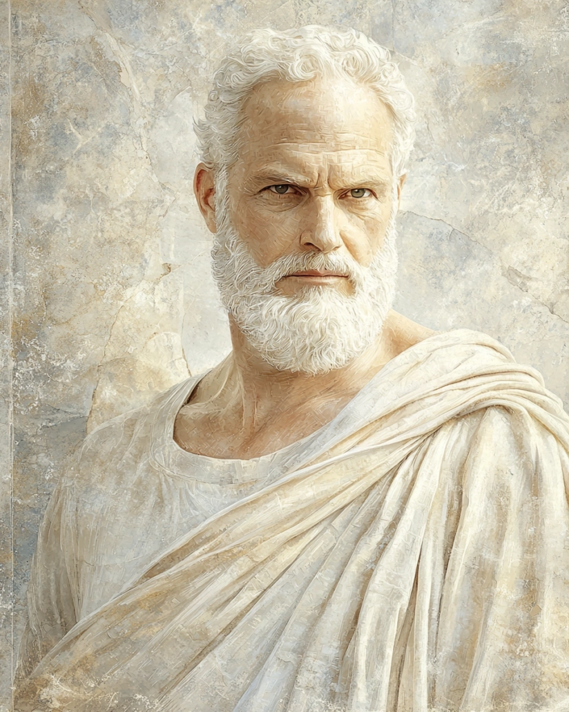 Stylized depiction of Zeno of Citium, a Greek philosopher and founder of Stoicism, known for his important teachings on virtue, reason, and self-control. His legacy emphasizes cardinal virtues like justice and prudence and includes timeless wisdom about living virtuously.