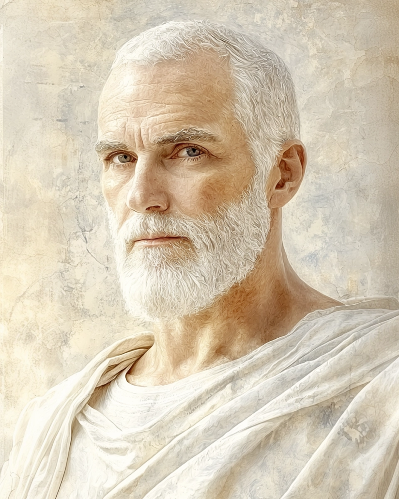 Stilisierte Darstellung von Zenon von Sidon, ein stoischer Denker der Mittleren Stoa, bekannt für seine philosophischen Beiträge zur Ethik und Erkenntnistheorie. Sein Vermächtnis betont Kardinaltugenden wie Weisheit und Besonnenheit und inspiriert mit Zitaten über die Rolle der Vernunft und die Suche nach Tugend.