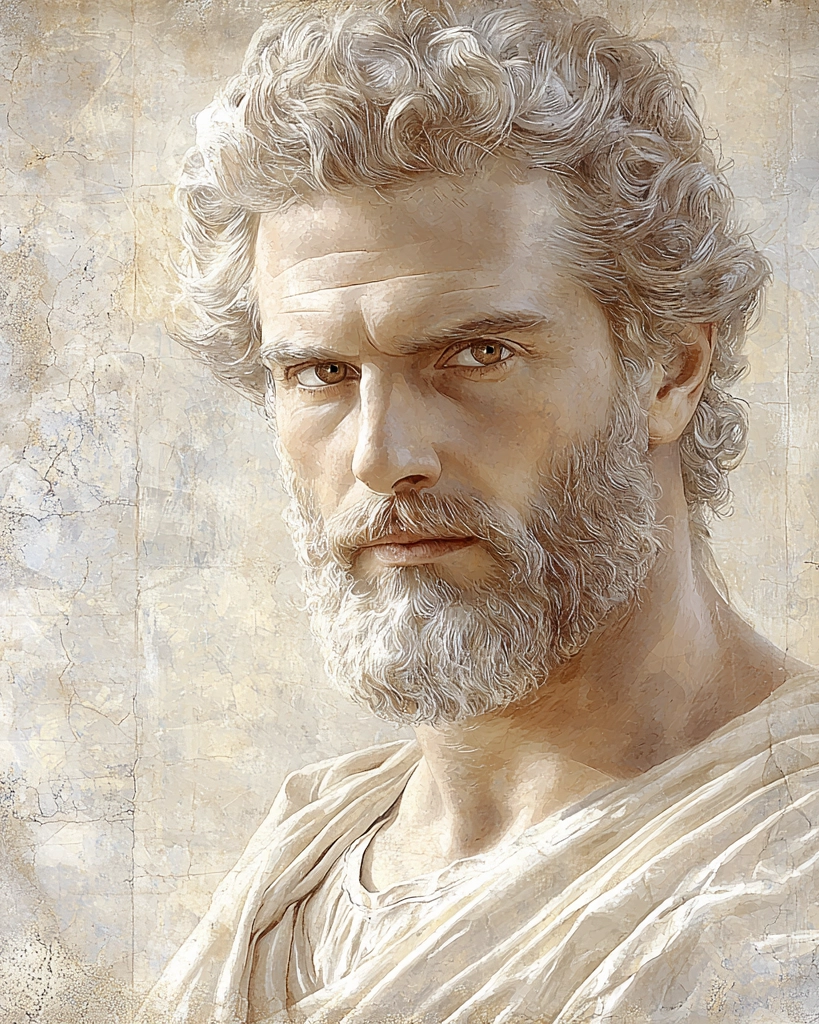 Stilisierte Darstellung von Euphrates Stoiker Stilisierte Darstellung von Euphrates, einem stoischen Philosophen der römischen Kaiserzeit, bekannt für seine Weisheit und Ethik.