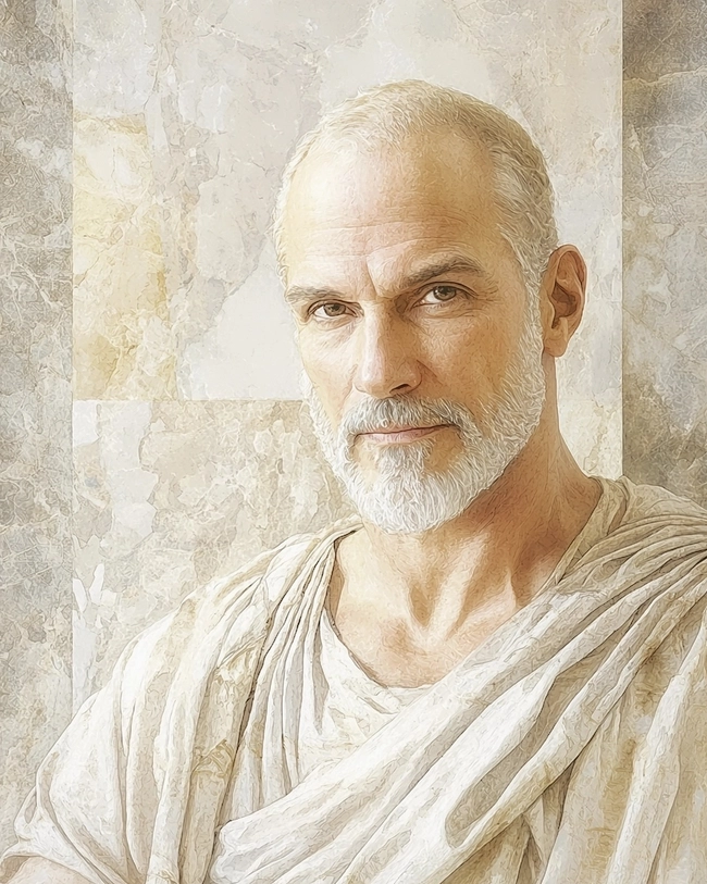 Stilisierte Darstellung von Medius, einem kaum bekannten Stoiker, der zur frühen Philosophie der Stoa beitrug.