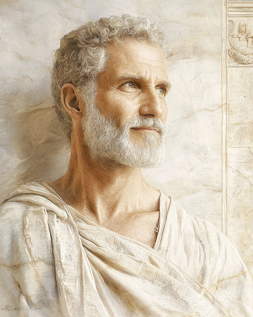 Stilisierte Darstellung von Antipater von Tyrus, einem stoischen Philosophen der Antike, bekannt für seine ethischen Lehren.