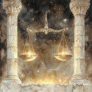 A scale as metaphor for Stoic balance: proximity and distance as relational forces in the space between – inspired by subatomic interaction.