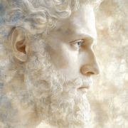 Figure in a crouched pose facing a half-open mirror – metaphor for regret, identity, and stoic self-reflection in the shadow of the past.